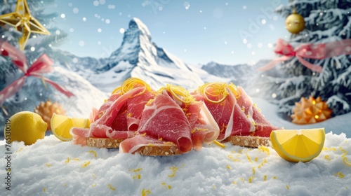 a piece of meat sitting on top of a pile of snow next to some lemons and a christmas tree. photo