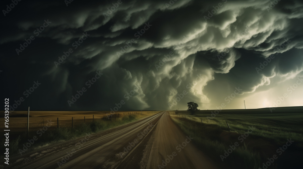 Dramatic scene of extreme weather, tornado over farmland, dark ominous clouds, lightning, flying debris, heavy rain, pickup truck hurtling down the road