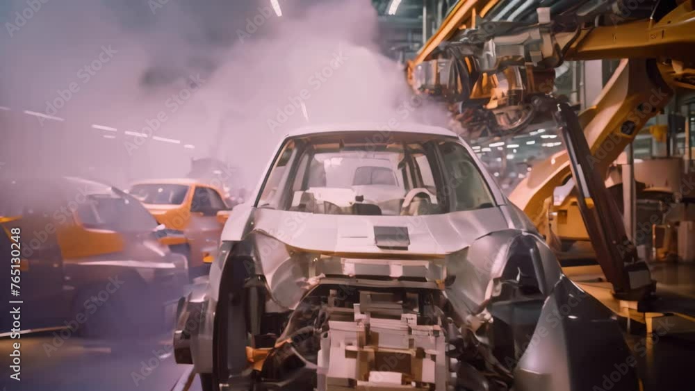 This image captures the step-by-step assembly process of a car in a factory, showcasing how cars are made from start to finish, Robotic assembly line in an automotive factory, AI Generated
