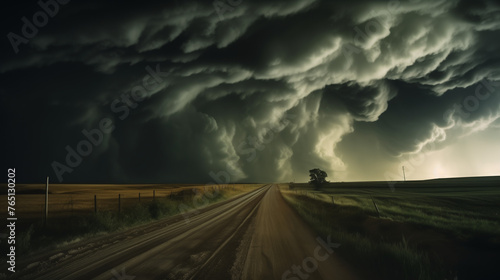 Dramatic scene of extreme weather, tornado over farmland, dark ominous clouds, lightning, flying debris, heavy rain, pickup truck hurtling down the road