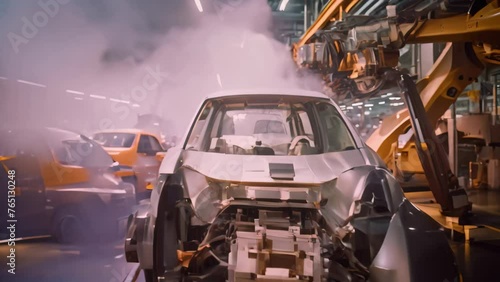 This image captures the step-by-step assembly process of a car in a factory, showcasing how cars are made from start to finish, Robotic assembly line in an automotive factory, AI Generated photo