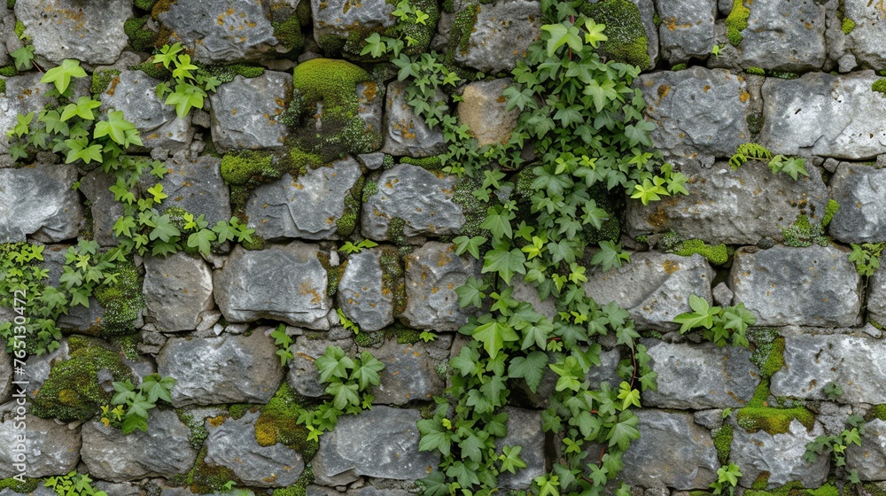 A seamless texture of an old stone wall with green moss and ivy growing on it.