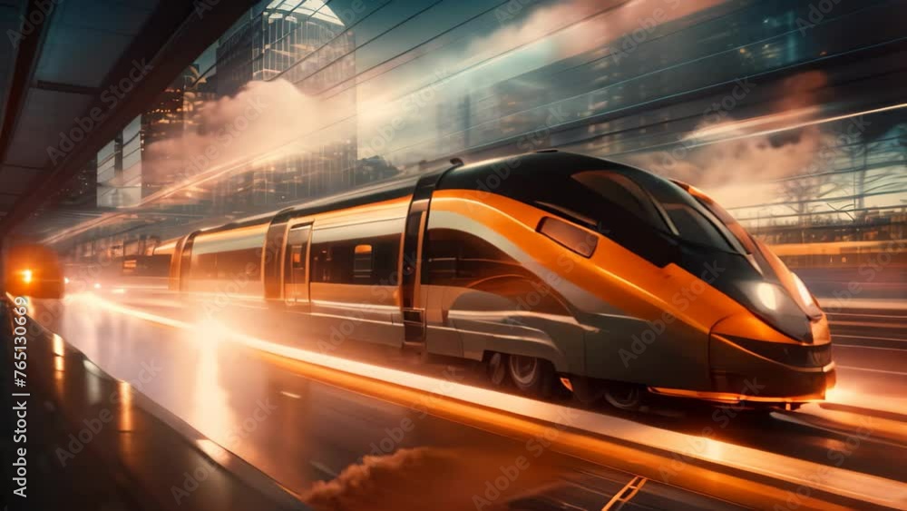 A train passes through a bustling train station surrounded by towering city buildings, Shot of ultra fast modern train driving to his destination, fastest public transport, AI Generated A train passes through a bustling train station surrounded by towering city buildings, Shot of ultra fast modern train driving to his destination, fastest public transport, AI Generated