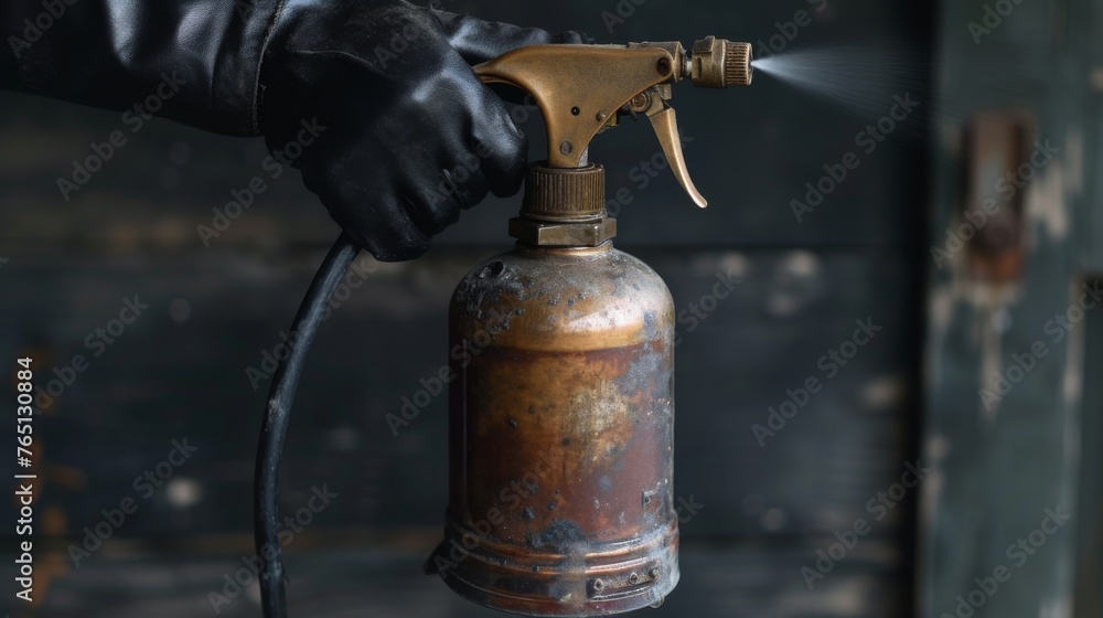 Close-up view of a gloved hand using an old, corroded oil atomizer Close-up view of a gloved hand using an old, corroded oil atomizer