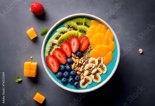 A vibrant smoothie bowl cafe, bowls filled with colorful fruits, nuts, and seeds, a visual and nutritional delight.