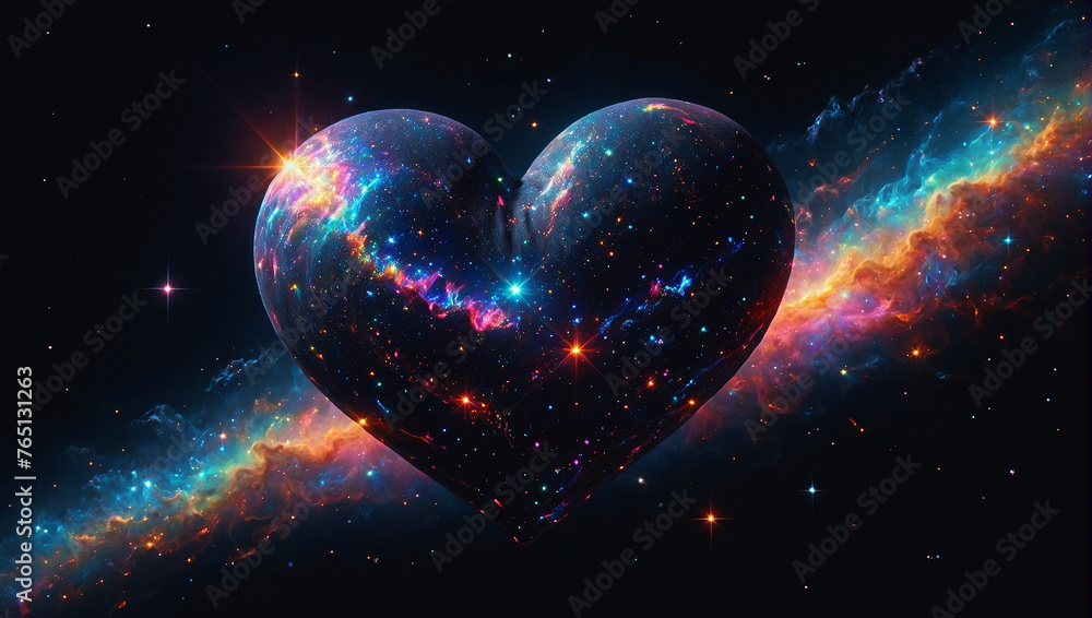 Glitzernde dreidimensionales Herz im leuchtenden Weltall mit Galaxien und Sternen - obrazy, fototapety, plakaty 