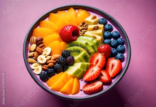 A vibrant smoothie bowl cafe, bowls filled with colorful fruits, nuts, and seeds, a visual and nutritional delight.