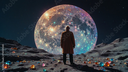 Alter Wissenschaftler steht auf einer Mondoberfläche mit glitzernden Kristallen und schaut auf einen weit entfernten leuchtenden Mond