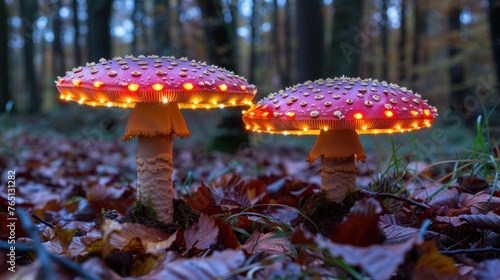 a couple of mushrooms sitting on top of a forest floor covered in leaf covered ground next to a forest filled with trees.