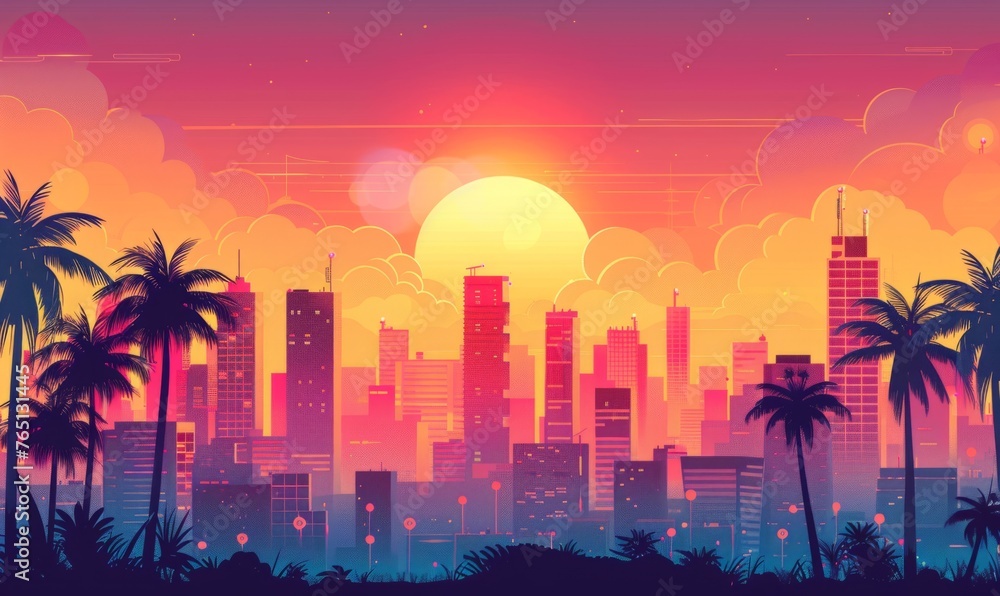 Fototapeta premium a city skyline at sunset, in the 80s style, retro warm colors Generative AI