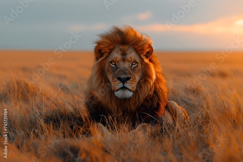 Un leon adulto con mirada penetrante y melena larga descansando sobre pasto seco en la sabana bajo la luz del sol al atardecer. Vida salvaje