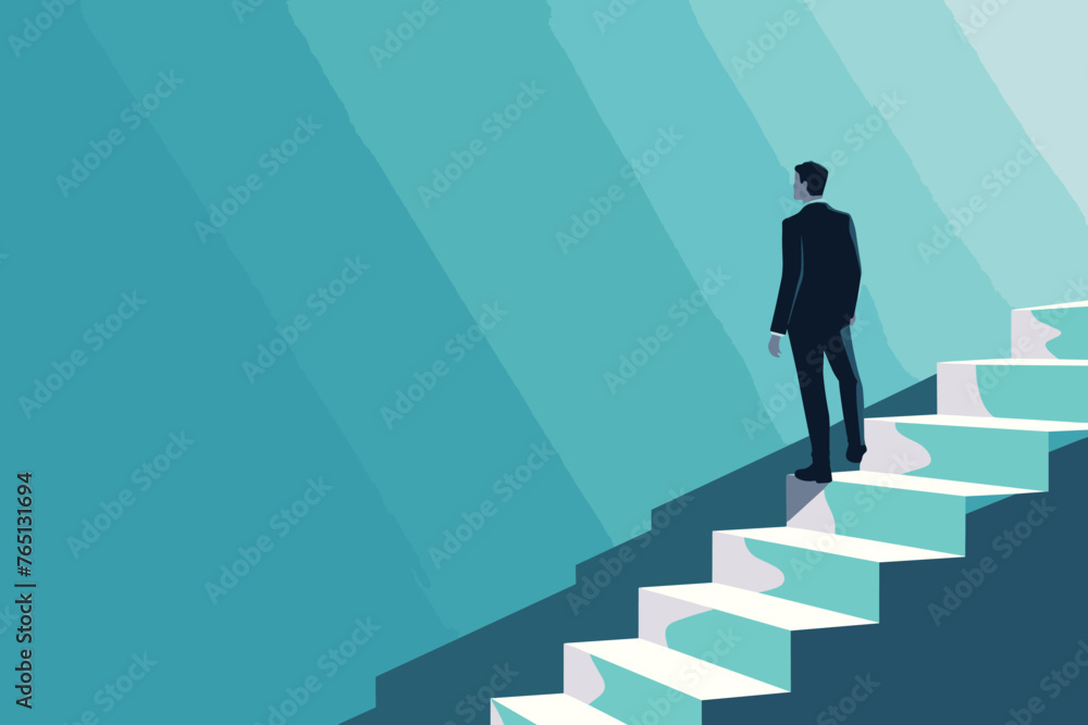 Conquering the Steep First Step to Success: Discouraged Businessman Facing Challenging Stairway to Business Triumph