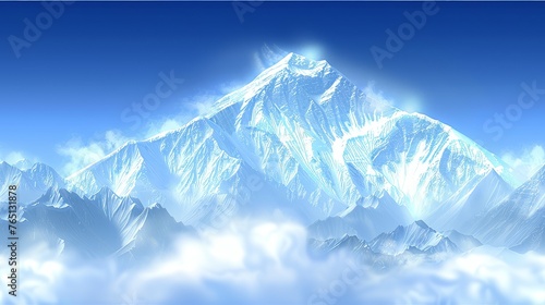 a computer generated image of a mountain peak in the middle of a blue sky with white clouds in the foreground.
