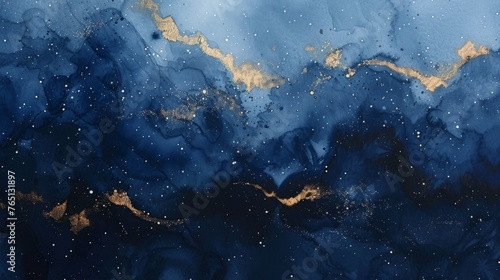 starry night sky, with deep indigo and black watercolor washes, dotted with fine specks of white and gold