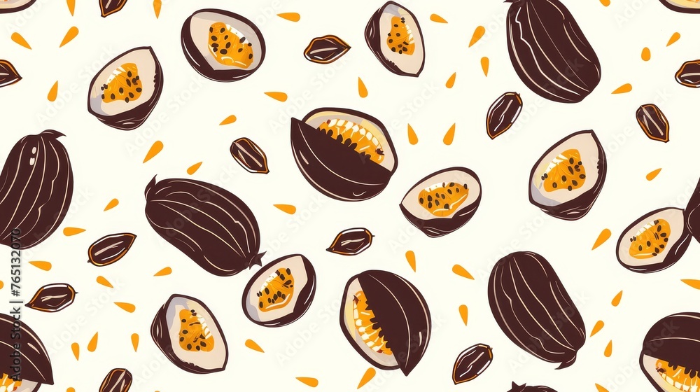 a close up of a pattern of fruit on a white background with a brown and yellow design on the bottom of the image. a close up of a pattern of fruit on a white background with a brown and yellow design on the bottom of the image.