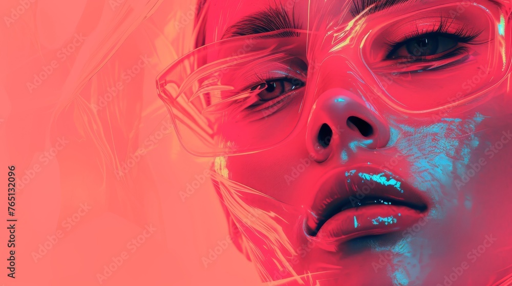 A vivid digital portrait of a woman in neon lighting, with a bold blend of blue and red, embodying a trendy, futuristic look.