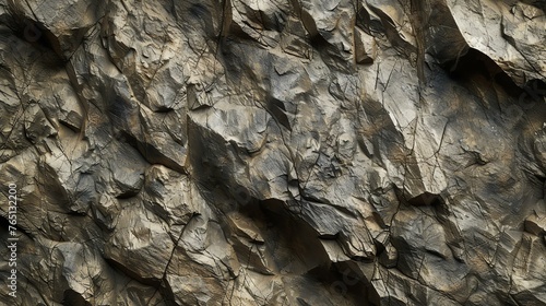 Dark gray rock surface with cracks and crevices. The rock has a rough texture and appears to be wet. photo