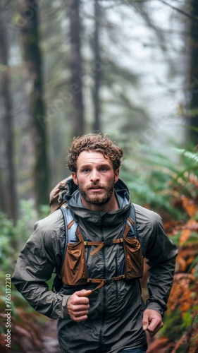 Man Hiking Through Woods. Generative AI