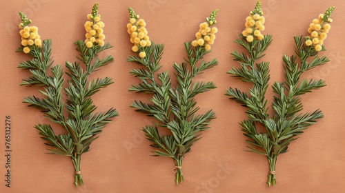 a group of yellow flowers sitting on top of a brown wall next to green leaves and yellow flowers on top of a brown wall.