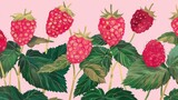 a painting of a bunch of raspberries on a pink background with green leaves and a pink background with a pink background.