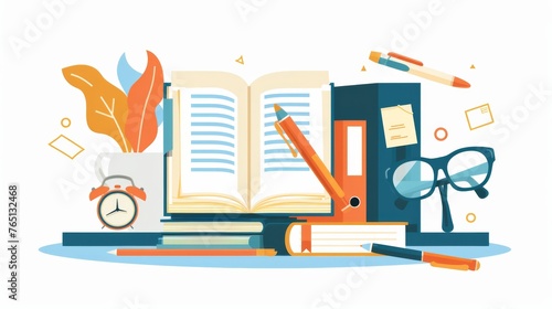 Open Book, Glasses, Pen, Clock, Bookmark
