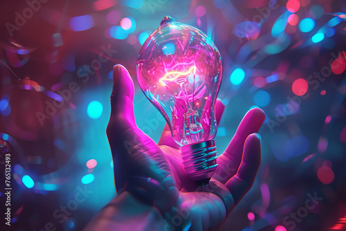 Colorful abstract painting of bright light bulb with person hand. AI Generative   photo