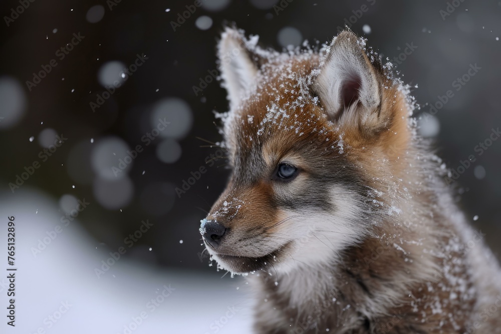 Fototapeta premium Playful Baby wolf in snow nature. Natural wild puppy. Generate Ai