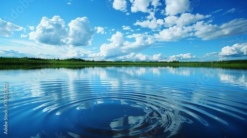  A serene lake reflecting the blue sky above, with ripples forming on the surface as a gentle breeze passes over the water photo