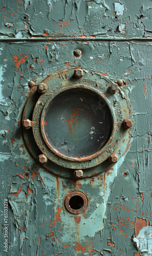 Close-up of a rusty, weathered metal surface with peeling green paint.