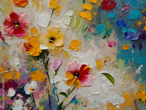 Abstract rough colorful multicolored organic floral spring flowers art painting texture, with oil acrylic pallet knife paint on canvas wallpaper, banner background/design concept. generative ai