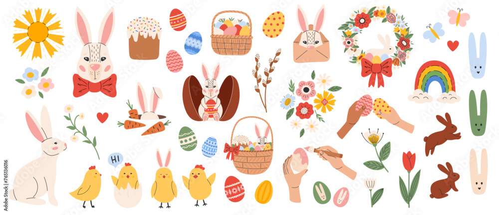 Cute Easter set. Spring collection with rabbits, flowers, eggs, chicks, baskets. Vector illustration in flat hand drawn style 