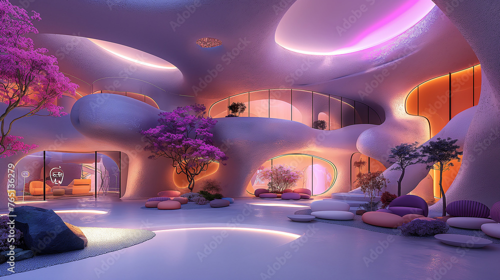 Surreal Futuristic Home Interior with Blossoming Trees