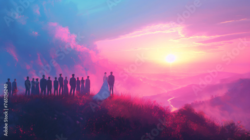 Sunset Hilltop Wedding with Guests Illustration
