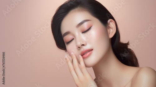 Beautiful Asian woman with Clean Fresh Skin touch own face. Skincare beauty concept
