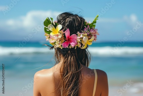 Relaxed Back view woman hawaii beach girl. Wedding wreath. Generate AI photo