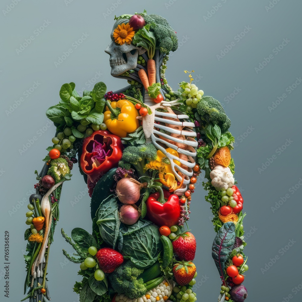 Human Anatomy Composed of Healthy Vegetables and Fruits in a Natural Scene