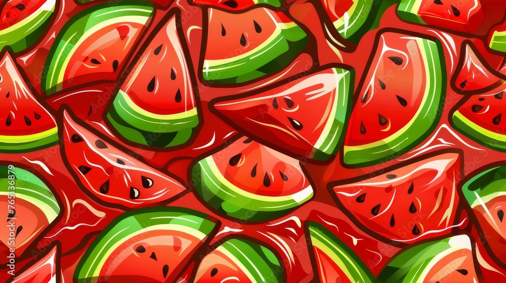 a lot of slices of watermelon on a red background with a green stripe in the middle of the image. a lot of slices of watermelon on a red background with a green stripe in the middle of the image.