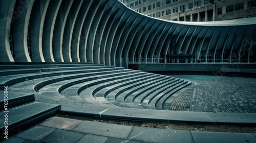 a set of steps in front of a building with a curved design on the top of one of the steps.