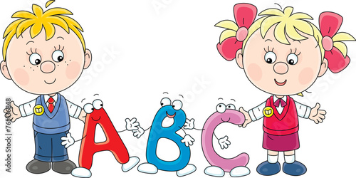 Happy little schoolboy and schoolgirl first graders with funny cartoony letters from ABC book with alphabet for elementary school, vector illustration on a white background