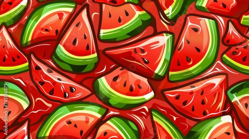 a lot of slices of watermelon on a red background with a green stripe in the middle of the image.