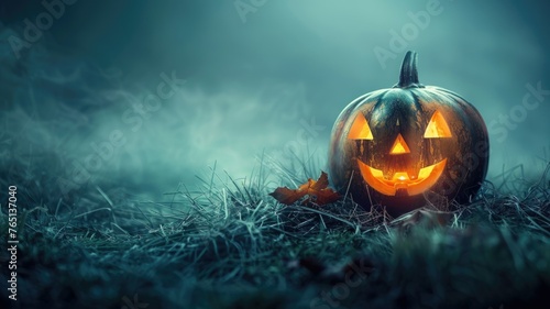 Solitary pumpkin with a glowing smile in dark - A single carved pumpkin displays a chilling grin as it sits alone in the dimly lit night, shrouded in fog