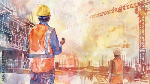 painting watercolor Construction engineers Monitor progress and supervise construction work at construction sites.