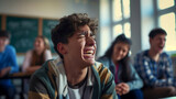 Teenage student crying among classmate laughing at them . Problems in teenagers at school .