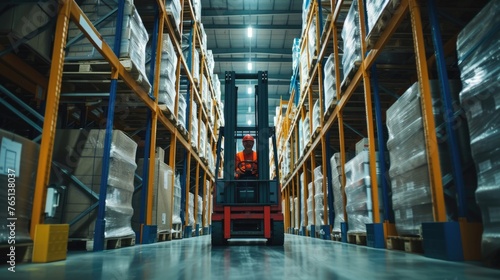 A man operates a forklift amidst shelving and fixtures in a warehouse, while moving wooden flooring for an upcoming event. AIG41 photo