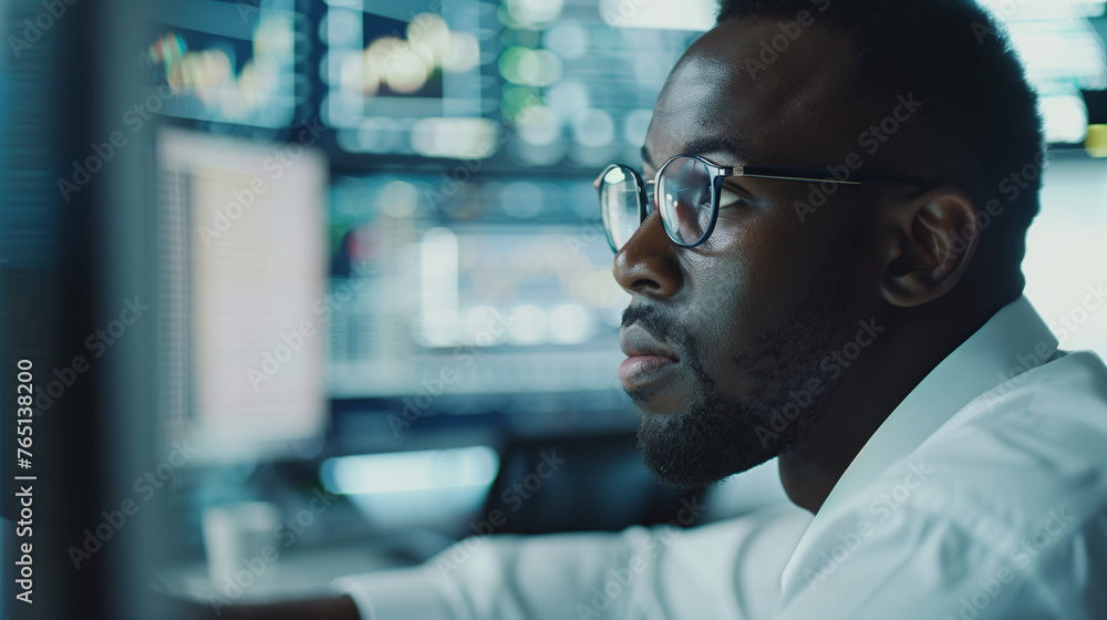 A focused African American financial analyst, surrounded by screens, dissects data in a sunlit office A focused African American financial analyst, surrounded by screens, dissects data in a sunlit office
