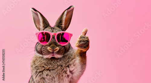 Easter bunny with sunglasses, giving thumb up, isolated on  pink  background,	