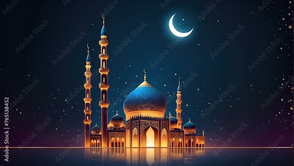 mosque at night Islamic background with copy space, space for text and design, ramadan background 