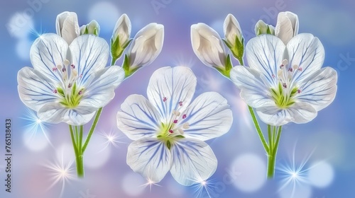 three white flowers with green stems on a blue and white boke of light and sparkles in the background.