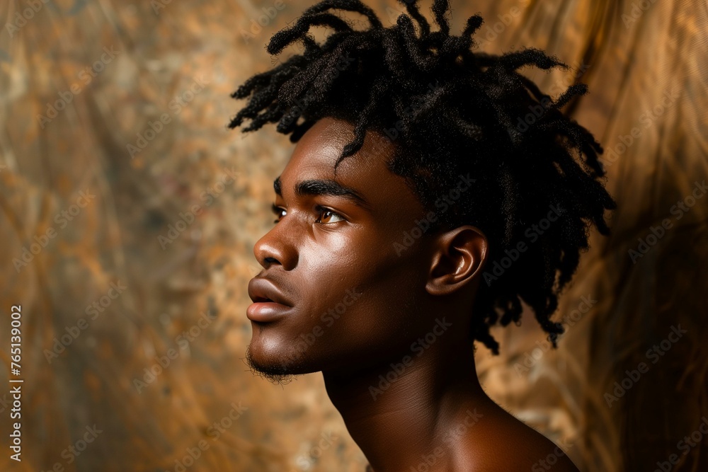 Young Black Man with Textured Hair in Thoughtful Pose