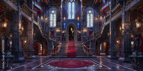 Enchanted castle product presentation with grand staircases, stained glass windows, and suits of armor 
